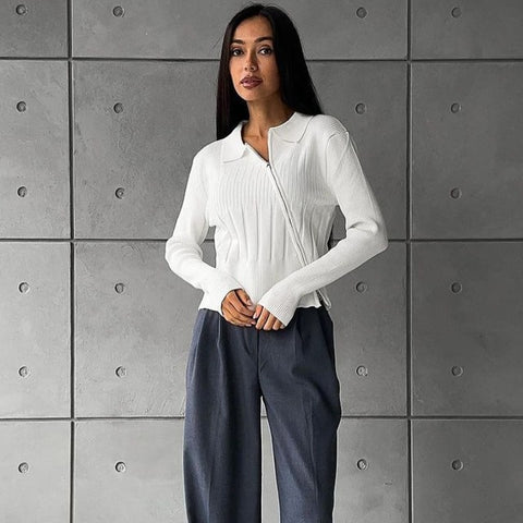TARUXY White Knitted Cardigan Women Ribbing Turn Collar Zipper Slim Sweater Femme Autumn Winter Fashion Knitwear Cardigans Woman