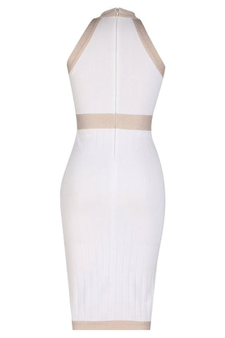 Vestido midi ajustado sin mangas con botones metálicos en contraste de estilo militar - Blanco 