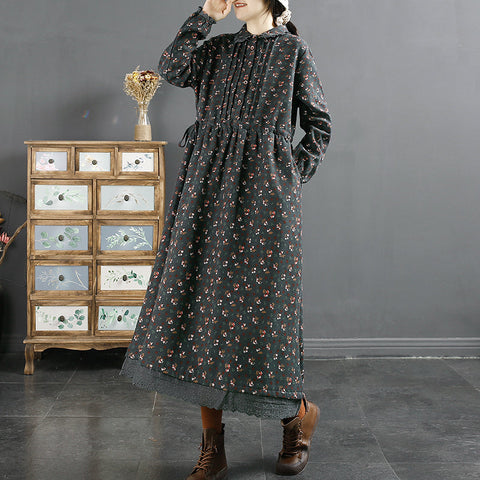 Vestido retro plisado de algodón y lino con estampado floral de invierno 