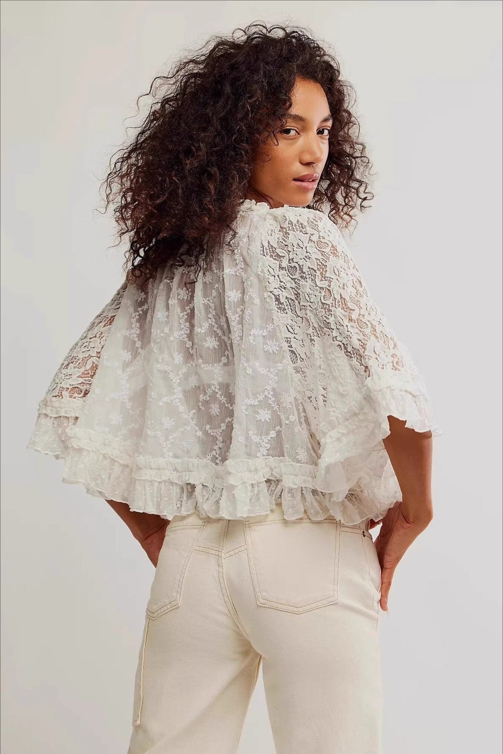 Lace Hollow Ruffle Sleeve Crop Blouse