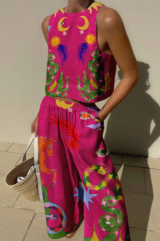 Conjunto de camiseta de tirantes y pantalón con bolsillos y cintura elástica con estampado único de mezcla de lino Island Dreaming 