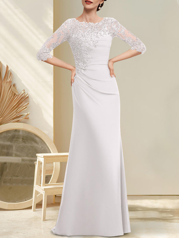 A-Linien-Kleid aus Chiffon und Spitze in Bodenlänge für die Mutter der Braut mit Perlenstickerei, Falten und Pailletten