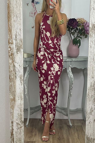 Vestido largo Meridress con cuello halter, abertura frontal torcida y estampado floral