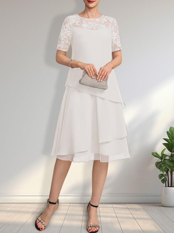 A-Linien-Kleid mit Rundhalsausschnitt, Illusion-Effekt, knielang, aus Spitze und Chiffon mit Pailletten für die Mutter der Braut