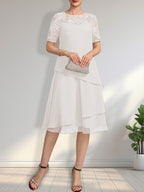 A-Linien-Kleid mit Rundhalsausschnitt, Illusion-Effekt, knielang, aus Spitze und Chiffon mit Pailletten für die Mutter der Braut