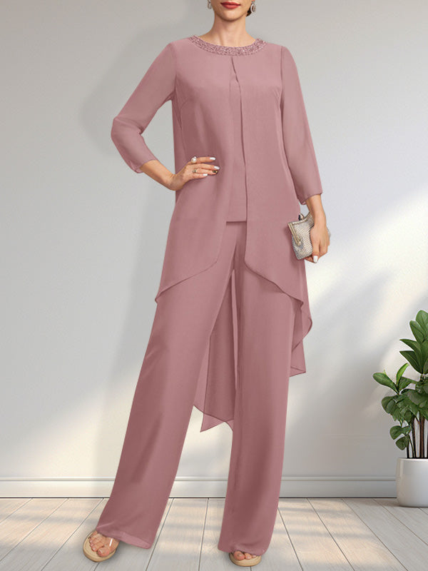 Zweiteiliger Jumpsuit/Hosenanzug, bodenlanges Chiffonkleid für die Mutter der Braut mit Paillettenbesatz und Rundhalsausschnitt.