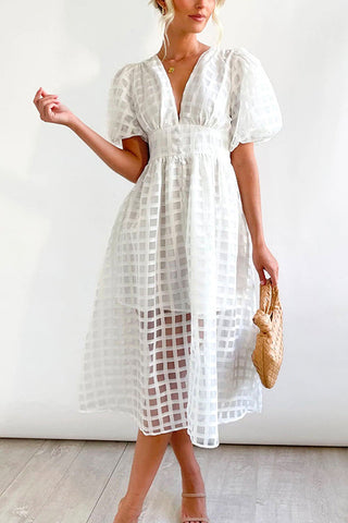 Meridress V Neck Lantern Sleeve Waisted A-line Dress