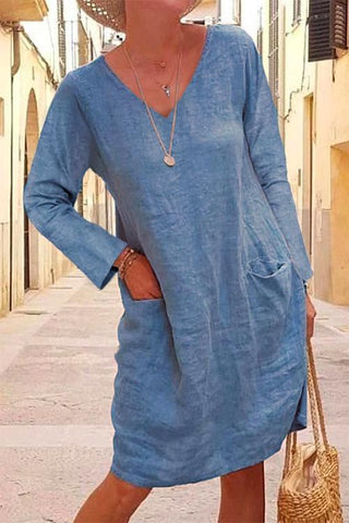 Meridress V Neck Long Sleeve Pockets Cotton Linen Dress
