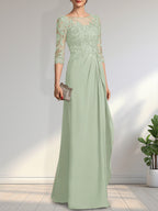 A-Linien-Kleid mit U-Boot-Ausschnitt, Illusion-Effekt, bodenlang, aus Chiffon und Spitze, mit Perlen, Pailletten und kaskadenartigen Rüschen – perfekt für die Mutter der Braut.
