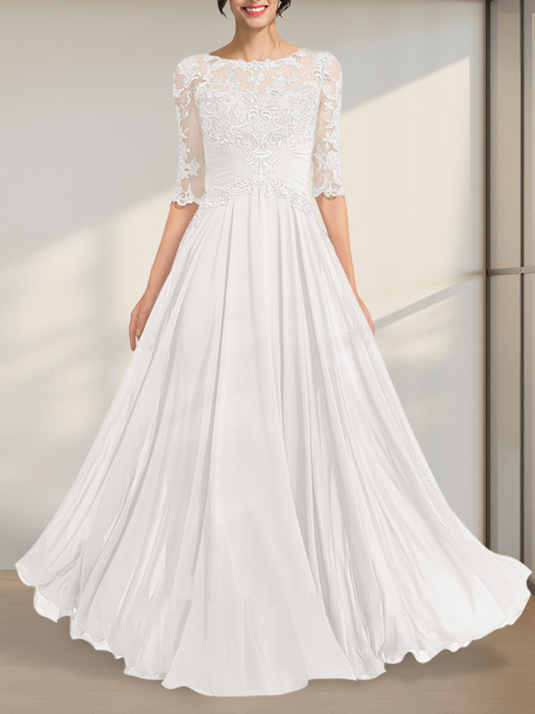 A-Linien-Kleid mit Illusion-Ausschnitt, bodenlang, aus Chiffon und Spitze, mit plissierten Pailletten und V-Ausschnitt für die Mutter der Braut