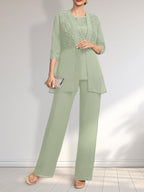 Jumpsuit/Hosenanzug-Set, bodenlanges Chiffon-Spitzenkleid mit Pailletten für die Mutter der Braut mit Rundhalsausschnitt