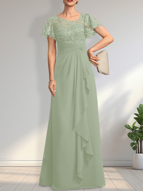 Vestido de madre de la novia de gasa con encaje, ilusión asimétrica, largo hasta el suelo, con volantes en cascada y lentejuelas. 