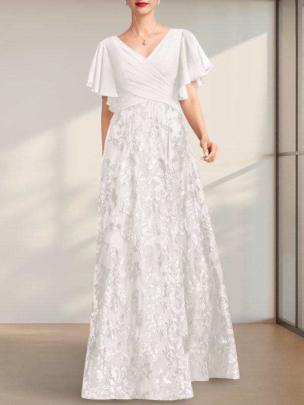 Vestido de madre de la novia de gasa con lentejuelas, encaje, escote en V y largo hasta el suelo, con pliegues