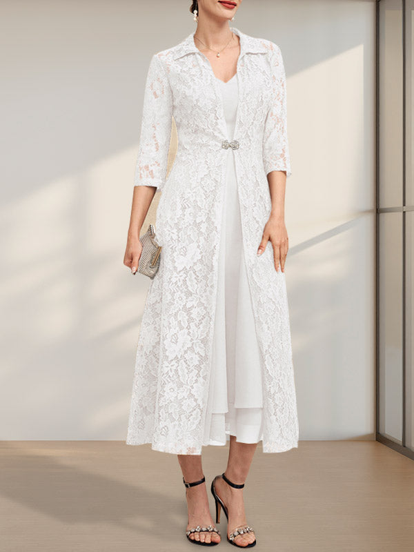 A-Linien-Chiffonkleid mit V-Ausschnitt und Teelänge für die Mutter der Braut