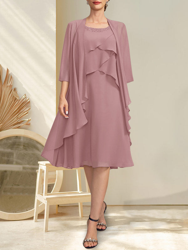 A-Linien-Chiffonkleid mit Rundhalsausschnitt und Perlenstickerei, knielang, für die Mutter der Braut