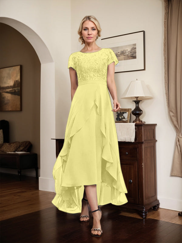 A-Linien-Kleid mit asymmetrischem Chiffon-Spitzenausschnitt, Schleife, Rüschen und Pailletten für die Mutter der Braut 