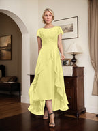 A-Linien-Kleid mit asymmetrischem Chiffon-Spitzenausschnitt, Schleife, Rüschen und Pailletten für die Mutter der Braut 