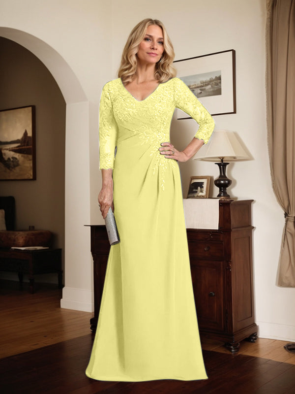 Etuikleid/Säulenkleid mit V-Ausschnitt, Illusion-Detail, bodenlang, aus Chiffonspitze und plissierten Pailletten für die Mutter der Braut 