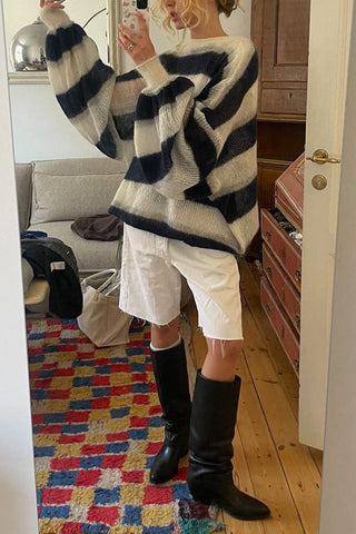 Suéter Meridress con mangas farol, botones, rayas en bloques de color y bufanda