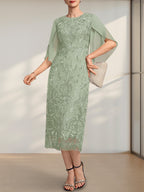 Etuikleid/Säulenkleid mit Rundhalsausschnitt, Teelänge, aus Spitze und Chiffon, ideal für die Mutter der Braut