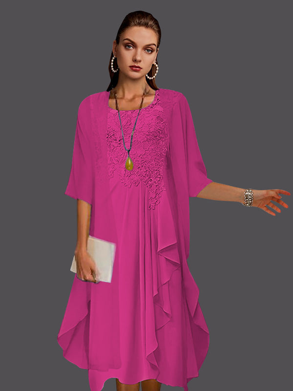 Zweiteiliges, ärmelloses A-Linien-Kleid aus Chiffonspitze mit Faltenapplikationen 