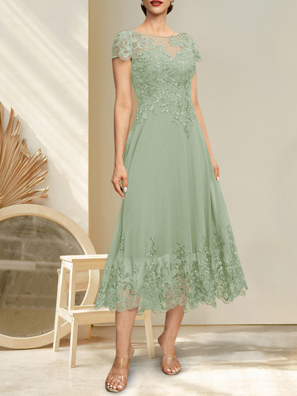 A-Linien-Kleid mit Illusion-Ausschnitt, Rundhalsausschnitt, Teelänge, Spitze und Chiffon, mit Pailletten, für die Mutter der Braut