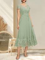 A-Linien-Kleid mit Illusion-Ausschnitt, Rundhalsausschnitt, Teelänge, Spitze und Chiffon, mit Pailletten, für die Mutter der Braut