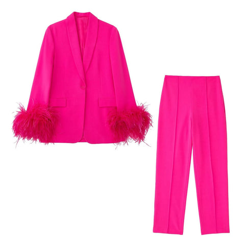 Conjunto de chaqueta y pantalón recto con decoración de plumas salvajes para mujer de otoño 
