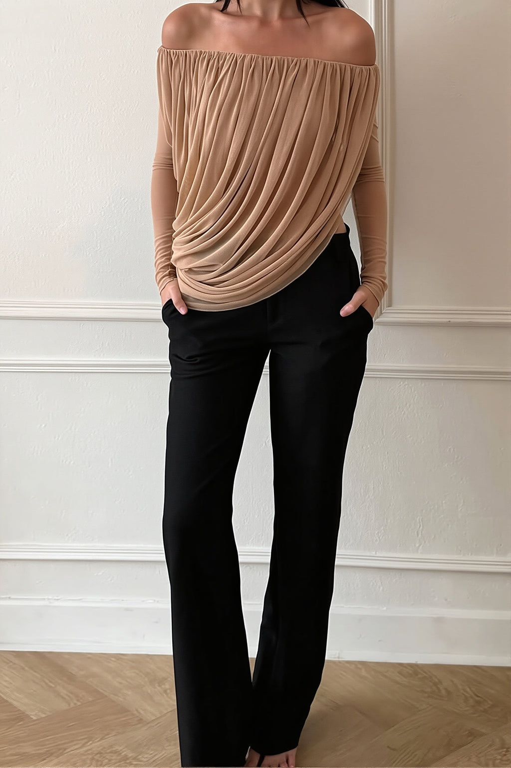 Off Shoulder Long Sleeve Ruched Strapless Sexy Blouse