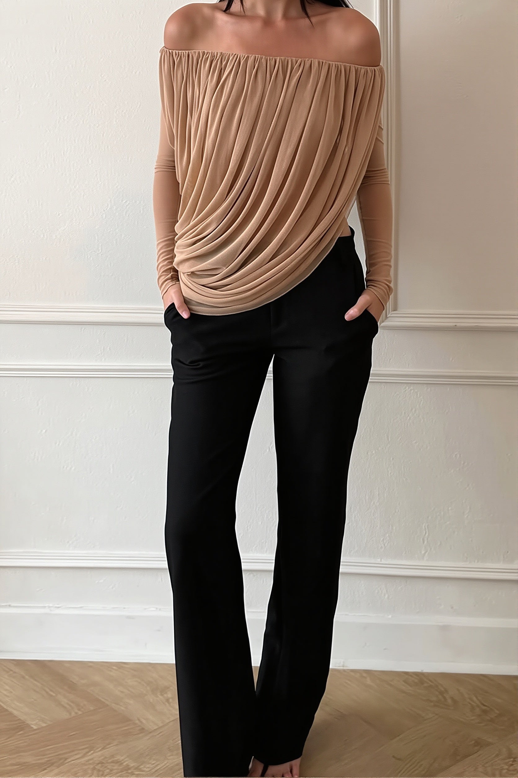 Off Shoulder Long Sleeve Ruched Strapless Sexy Blouse