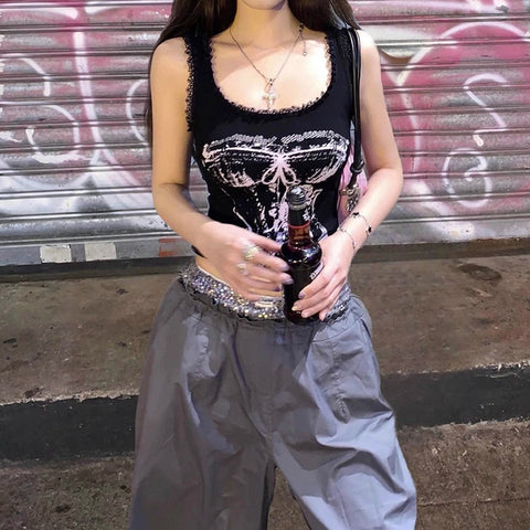 Tops con estampado gótico, top corto estético Y2K, top de encaje sin mangas, camisola, chaleco Harajuku, ropa de calle, camiseta sin mangas negra, ropa para mujer 