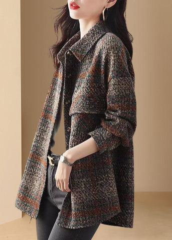 Einzigartiger dicker Mantel mit Peter-Pan-Kragen und Karomuster und langen Ärmeln 