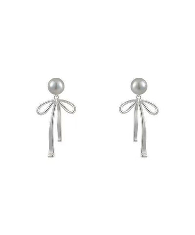 Fine Grey Copper Alloy Pearl Bow Drop Earrings