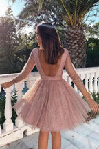 Kurzes Abschlussball-Kleid/Heimkehr-Kleid mit 3/4-Ärmeln und offenem Rücken