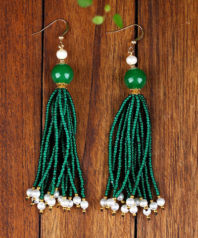 Pendientes colgantes de perlas de vidrio verde seco, hechos a mano, en oro de 14 quilates, color verde negruzco 