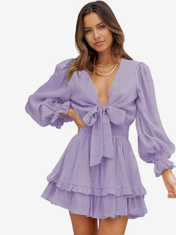 Shirt Dresses Pink V-Neck Ruffles Long Sleeves Polyester Dresses Mini Dresses