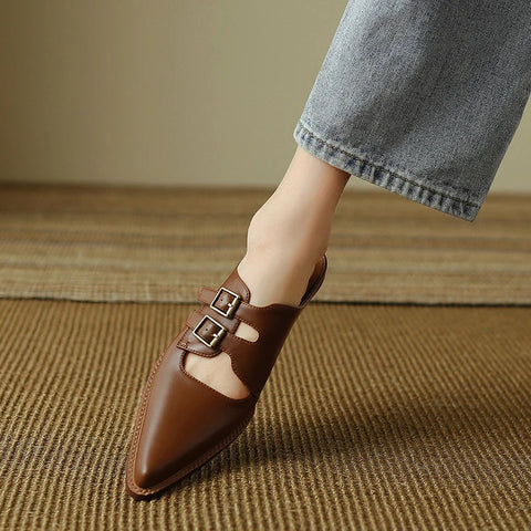 Zapatos de verano para mujer, de piel auténtica, con puntera cubierta y tacón grueso, sandalias con tira trasera, pantuflas hechas a mano. 