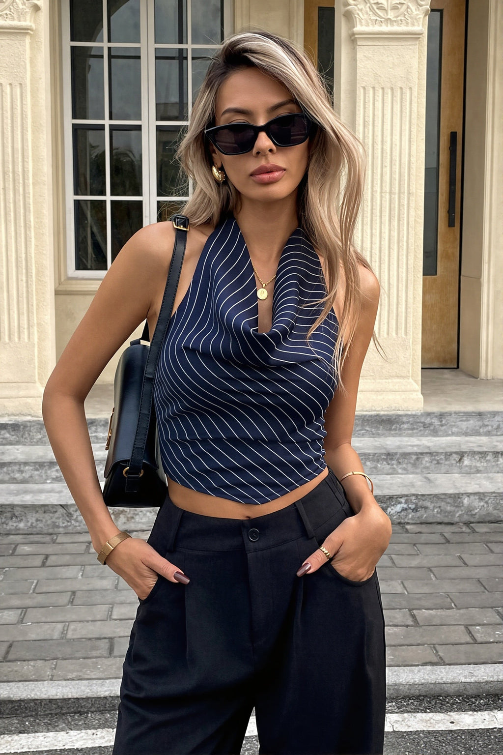 Elegant Striped Cropped Halter Top