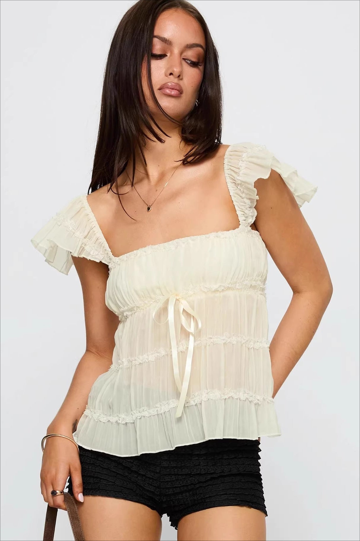 Sweet Lace Panel Ruffle Sleeve Cami Top