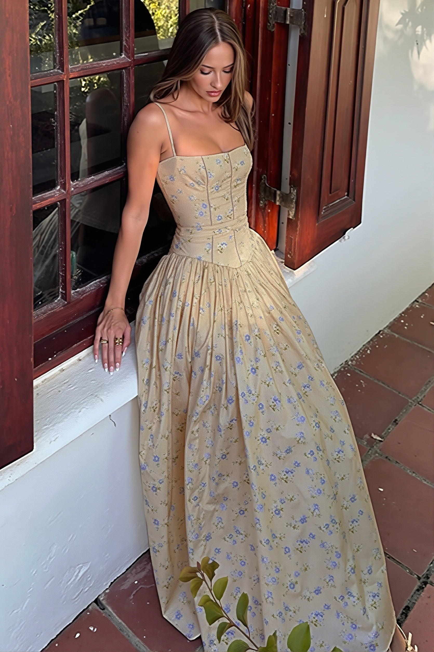 Chic Vintage Floral Cami Slim Fit Maxi Dress