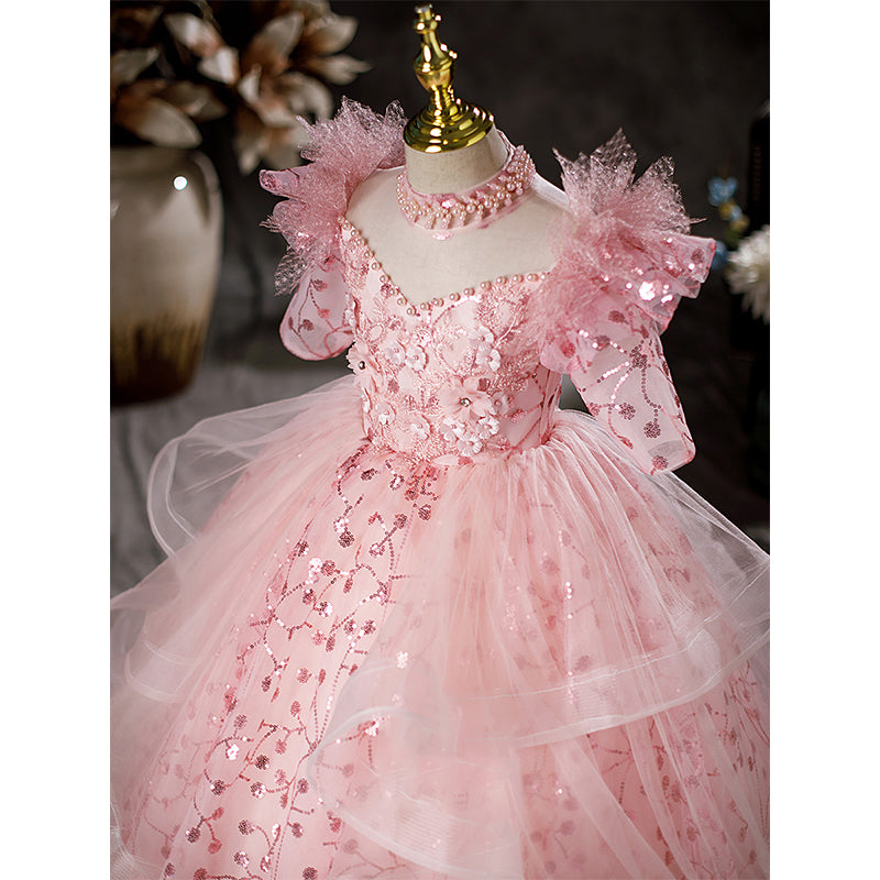 Blumenmädchenkleid, Kinder-Oster-Kommunionkleid, Sommerkleid in Rosa mit Pailletten, Prinzessinnenkleid 