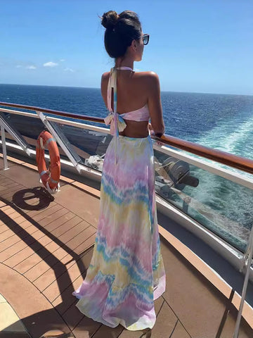 Boho-Kleid, Malerei, Neckholder, Ringdetails, rückenfrei, Resort, lässige Maxikleider 