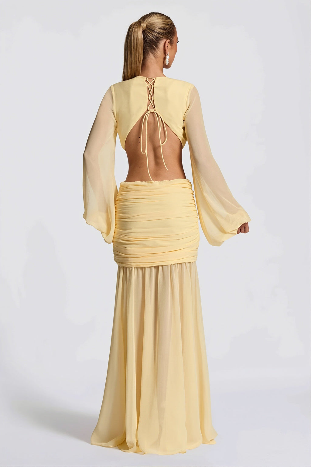 Chiffon Sheer Long Sleeve Cutout Maxi Dress