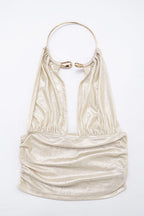 Glossy Metal Ring Backless Halter Top