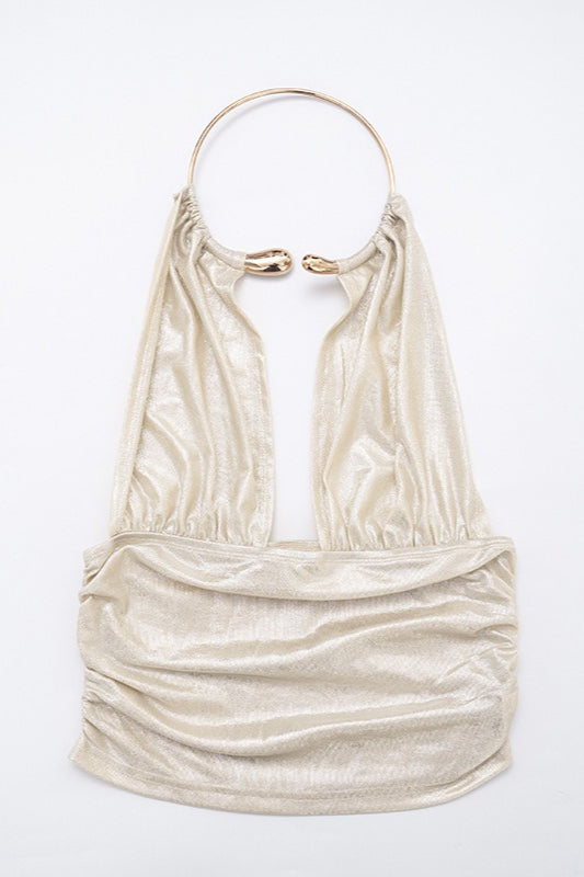 Glossy Metal Ring Backless Halter Top