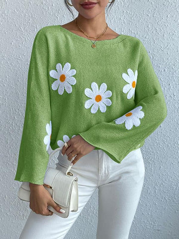Suéter suelto con mangas de murciélago y bordado floral 