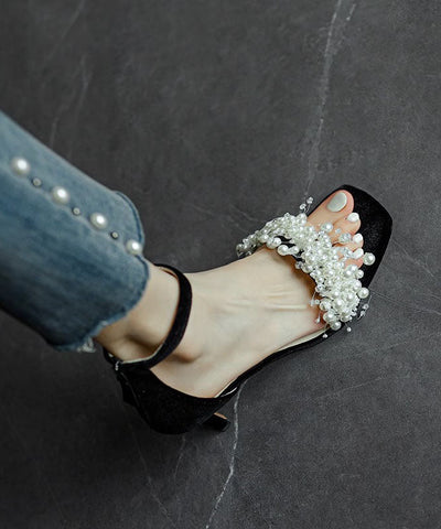 Sandalias francesas sexis de tacón alto con hebilla negra y cuentas para uñas 