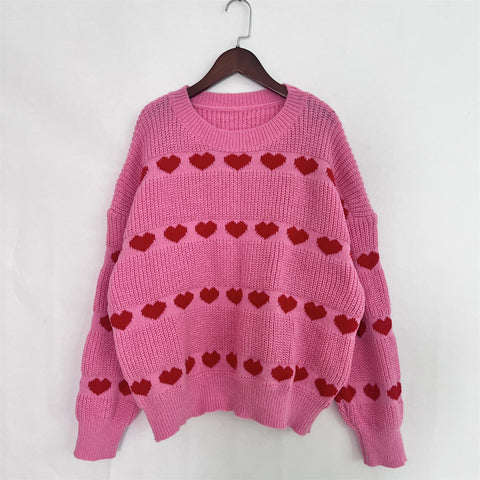 Suéter de punto con rayas de corazón rojo Lovey 