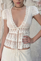 Elegant Solid Lace V Neck Sheer Blouse