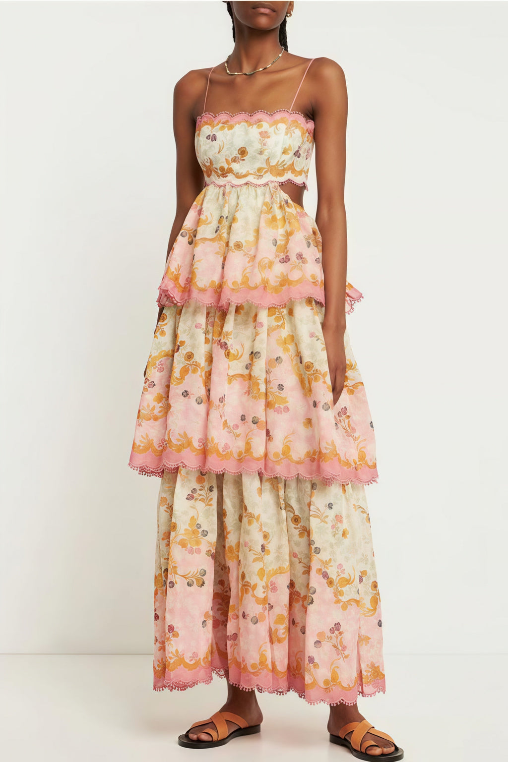 Fashion Tiered Spaghetti Strap Tassel Cutout Waist Embroidered Maxi Dress
